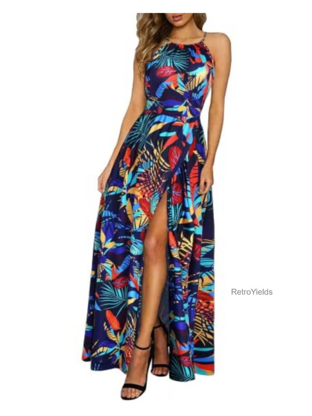 KILIG Women's Floral Split Maxi Dress Sleeveless Halter Beach Summer